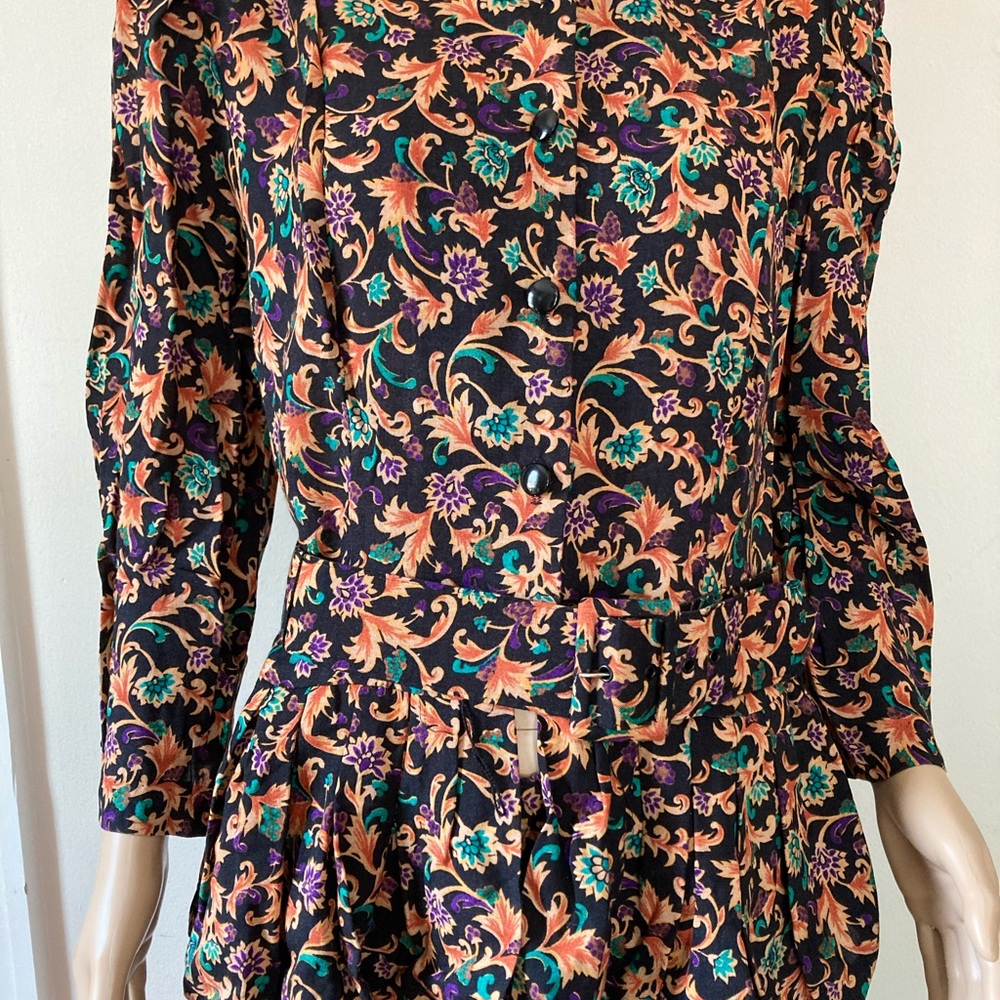 Vintage 80s floral print peplum 3 piece skirt/jacket/belt set rayon size 12